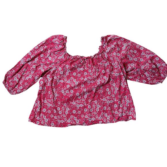 Boho Floral Shirt SZ 3X Red White Peach Balloon Sleeves Elastic Neck Line Airy - Picture 1 of 6